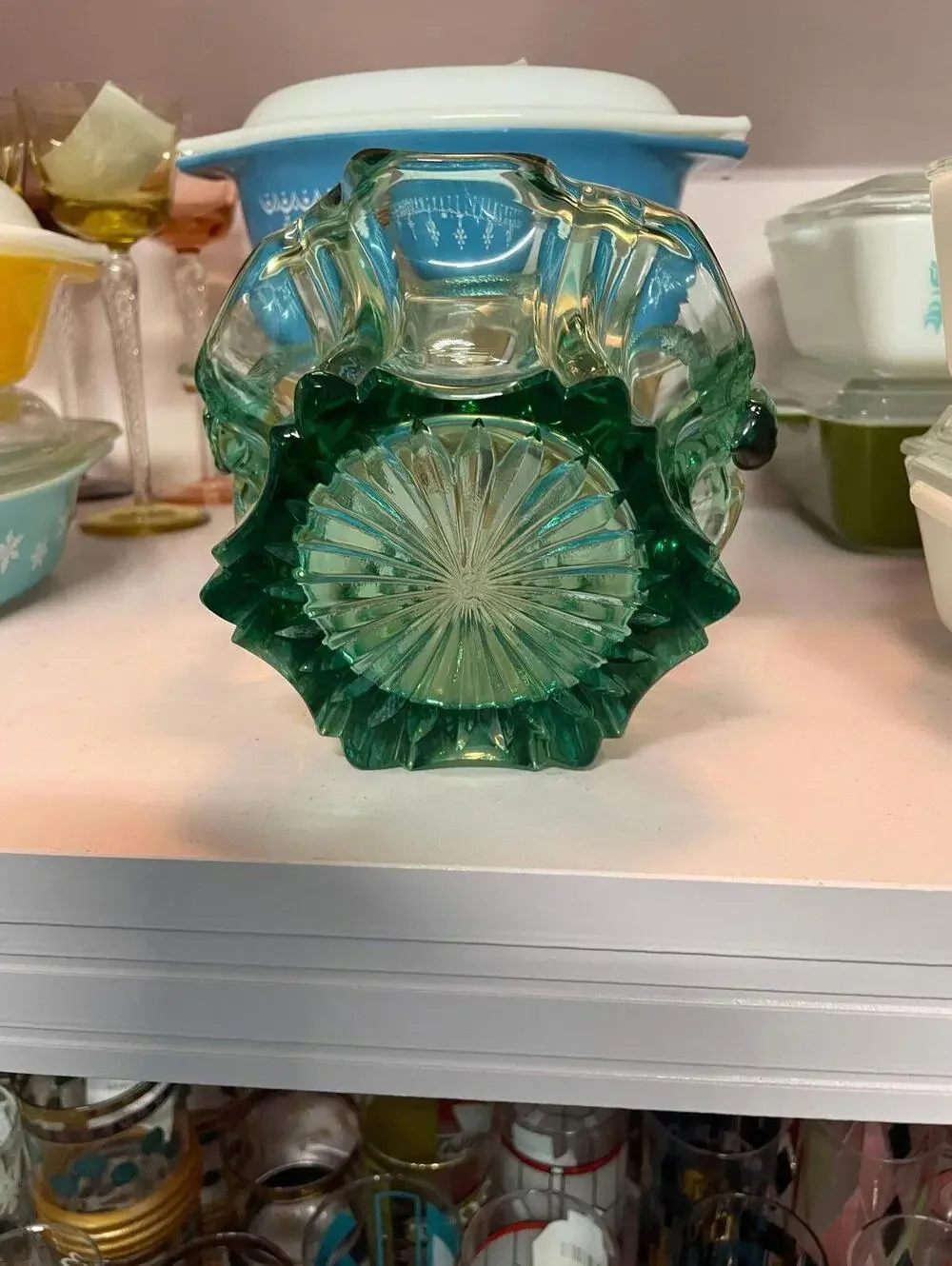 Vintage Fenton Green Vulcan Art Glass Basket with Twisted Handle